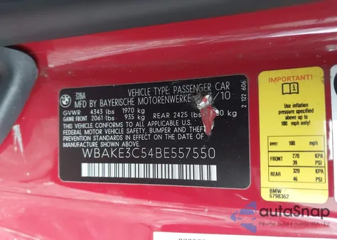 2011 BMW 328I from USA, damaged, VIN WBAKE3C54BE557550